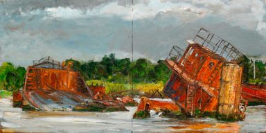 Sunken place: Artist shows shipwreck paintings on a barge