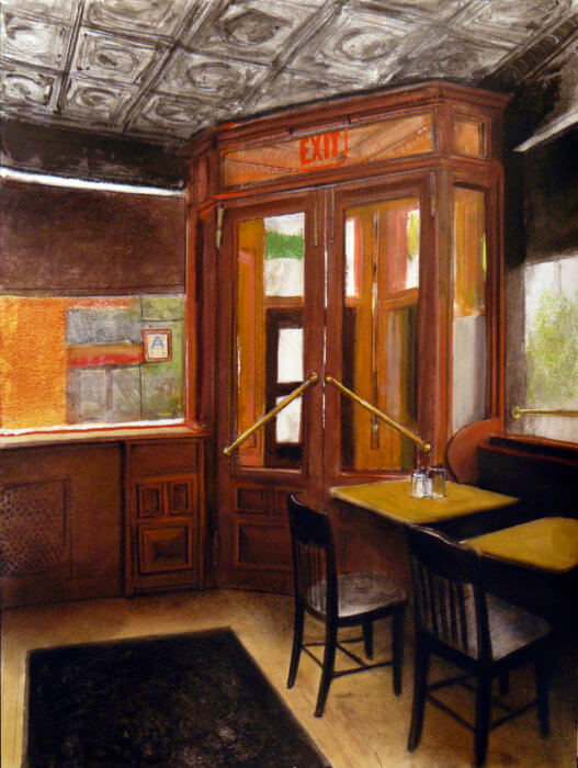 painting of a doorway with tables and chairs at BWAC