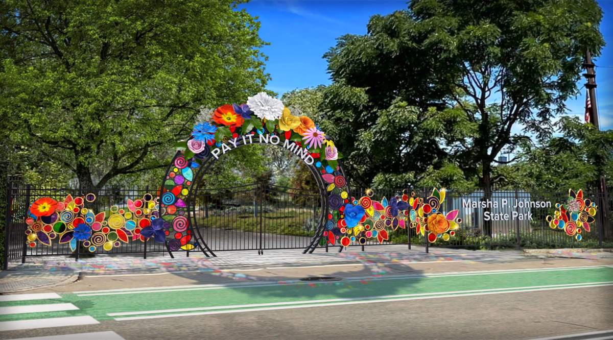 marsha p. johnson park gateway with flowers