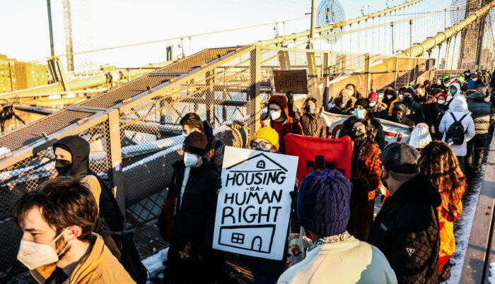 good cause eviction protest on brooklyn bridge