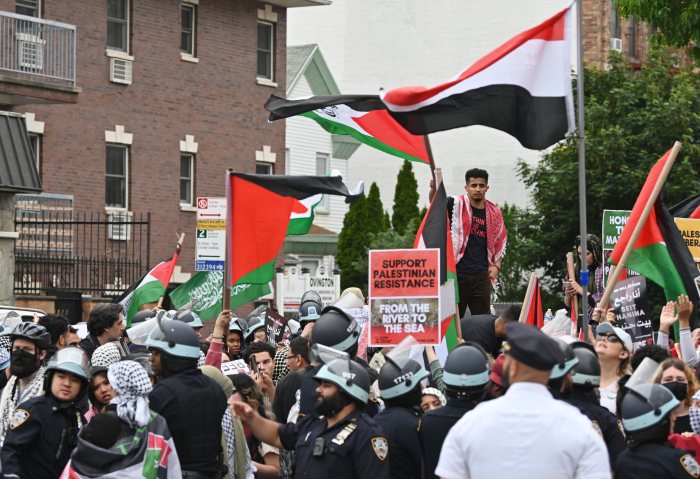 people marching in Palestinian protest in Bay Ridge
