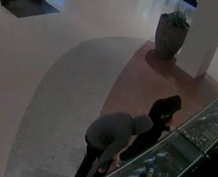 jewelry thieves look through case at kings plaza mall