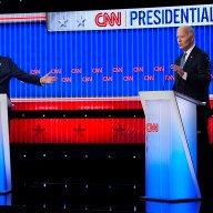Biden and Trump at podiums for debate